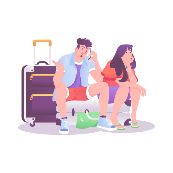 Flight Delay, Couple, Waiting, Luggage, Travellers illustration