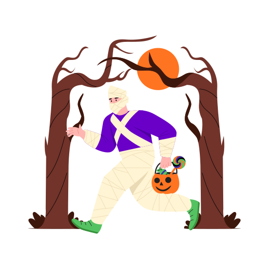 Mummy Running, Chasing, Costume, Pumpkin, Halloween illustration