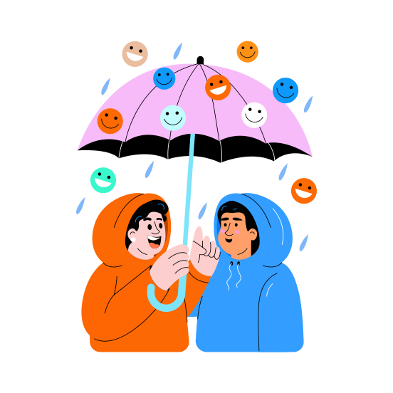 Happy Raining, Umbrella, Friends, Cheerful, Emotions illustration