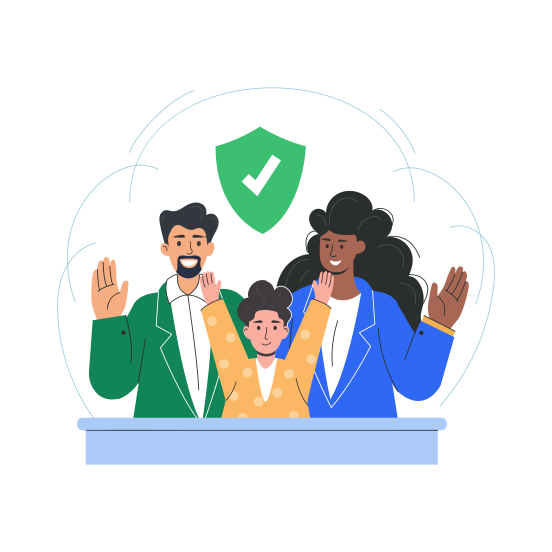 Happy Family, Waving, Satisfied, Smiling, Insurance illustration