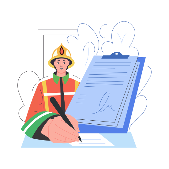 Workplace Compensation, Firefighter, Claiming, Signing, Document illustration