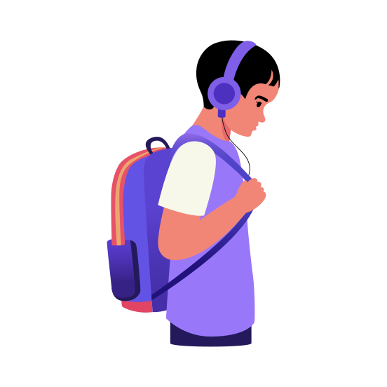 Audio Course, Listening, Headphones, Backpack, Student, illustration