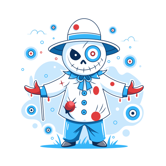 Creepy Clown, Scary, Spooky, Cartoon, Halloween Character illustration