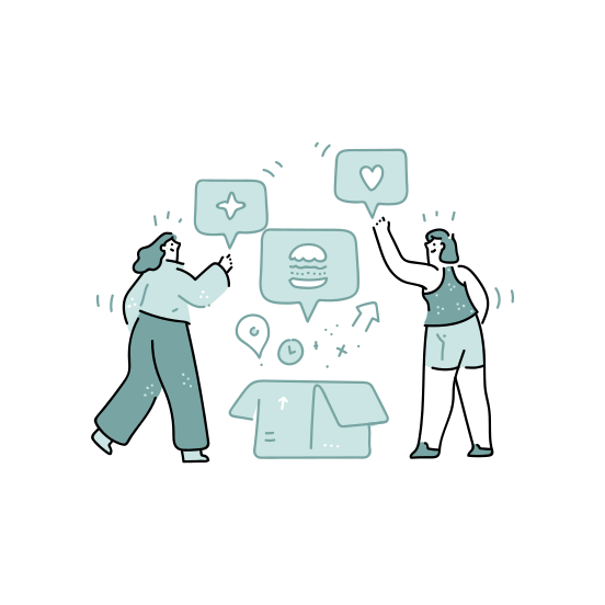 Unbox Package Box Social Media Restaurant Location Time Woman illustration
