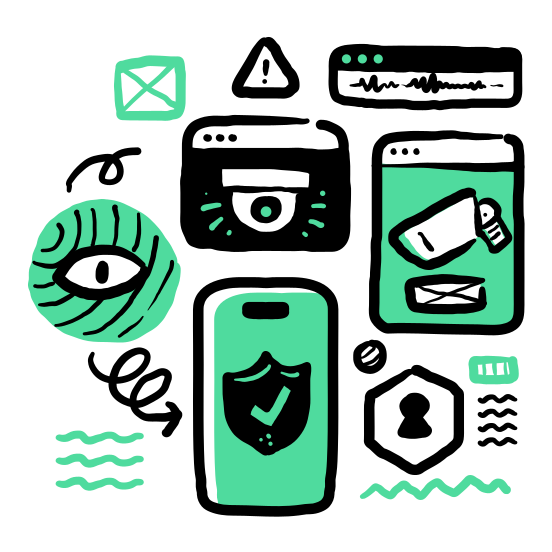 Security And Privacy   Camera, Mobile, Shield, Protection, Safety, Keyhole, Wireframe illustration