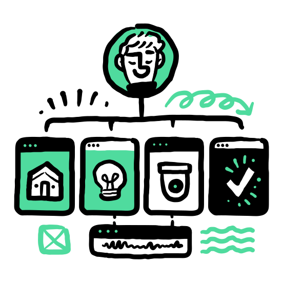 Utilities And Tools   Lightbulb, House, Home, Camera, Account, User, Profile, Checkmark illustration