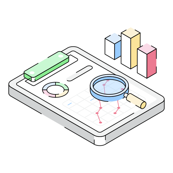 Document, Research, Clipboard, Magnifier, Report illustration