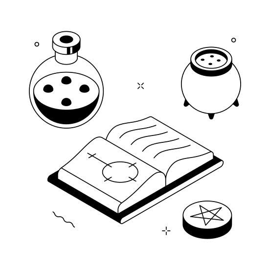 Halloween, Magic, Witchcraft, Potion, Poison, Cauldron, Spellbook illustration