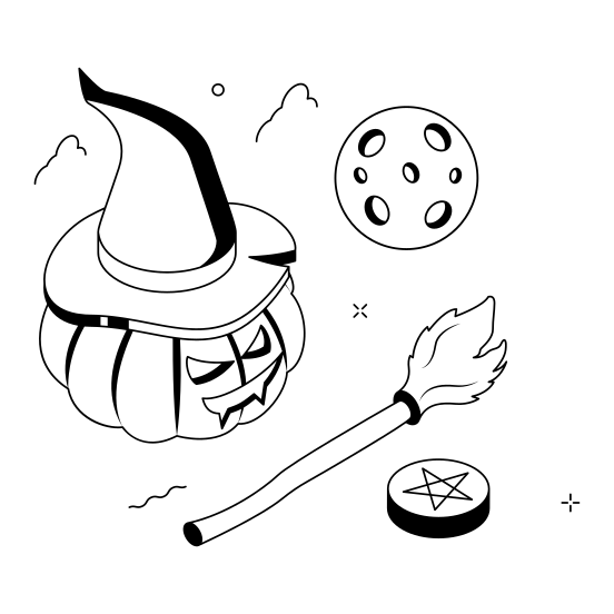 Witchcraft, Pumpkin, Hat, Witch, Broom, Magic, Halloween illustration