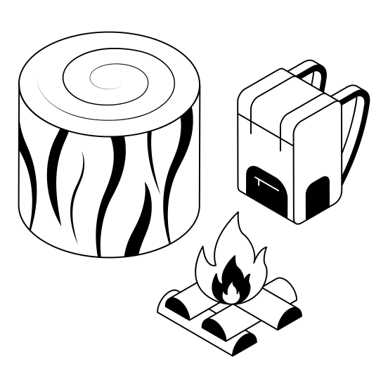 Campsite, Wood, Log, Bag, Backpack illustration