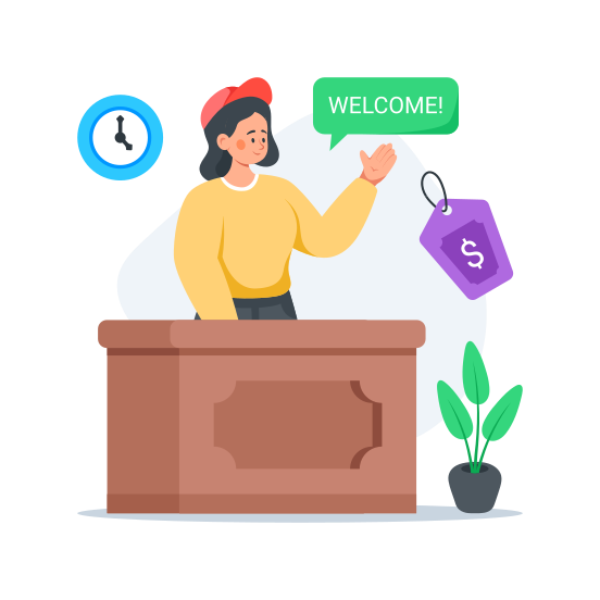 Reception, Desk, Ecommerce, Store, Shopping illustration