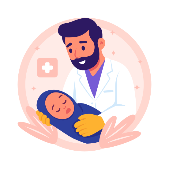 Male, Doctor, Pediatrician, Newborn, Baby, Hospital, Childbirth, illustration