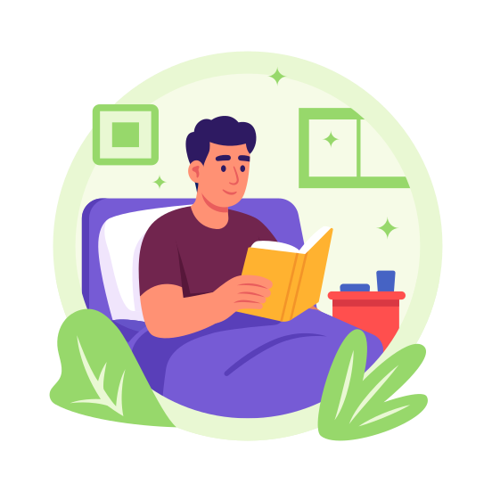 Patient, Book, Reading, Recovering, Wellness, Healthcare, illustration
