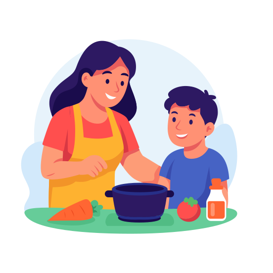 Family, Cooking, Mother, Son, Food, Traditional, Preparation illustration