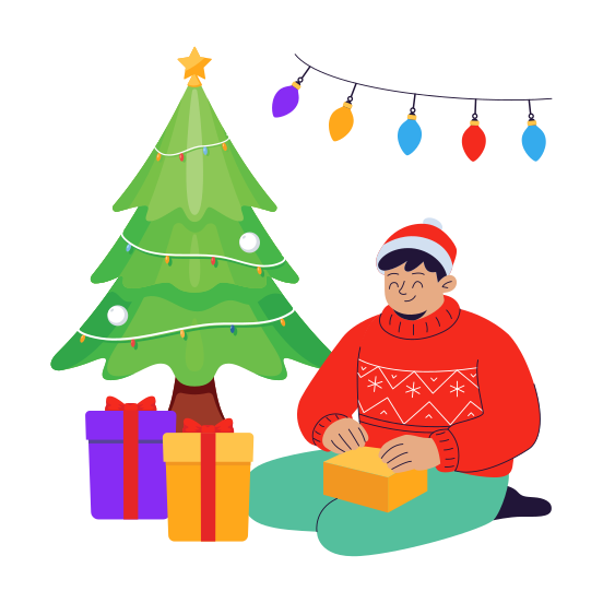 Gifts, Surprise, Present, Unwrapping, Christmas illustration