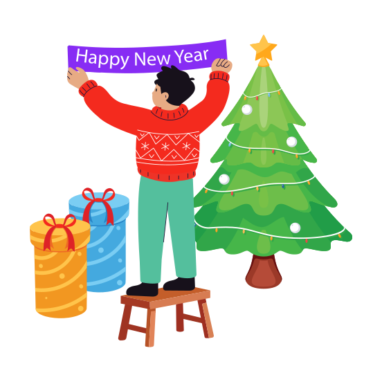 Happy, New Year, Tree, Present, Surprise illustration