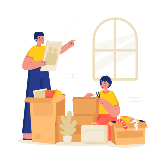 Unpacking, Relocation, Moving, Boxes, Family, Decorating, New Home, Apartment illustration