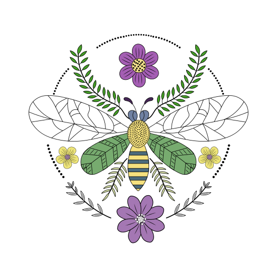 Botanical Bee, Insect, Floral, Blooming, Nature illustration