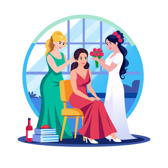 Bride Friends, Bridesmaids, Friendship, Helping, Ceremony illustration