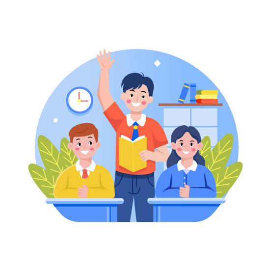 Asking Questions, Student, Raising Hand, Classroom, Academic illustration