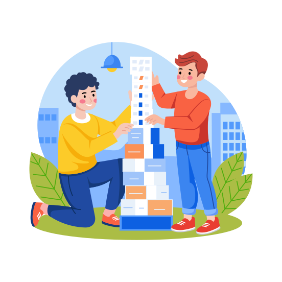 School Project, Building, Model, Blocks, Creative Students illustration