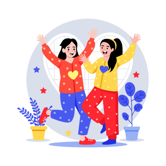 Pajama Party, Sleepover, Friends, Leisure, Joyful illustration