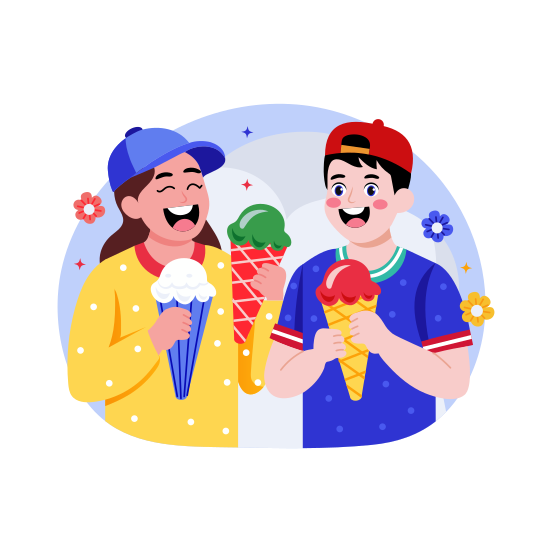 Sharing Food, Friends, Ice Cream, Confectionery, Smiling illustration