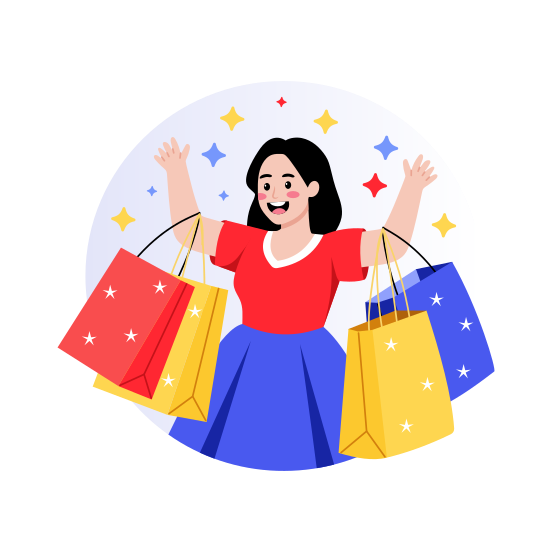 Shopping, Smiling, Happy, Bags, Enjoyment illustration