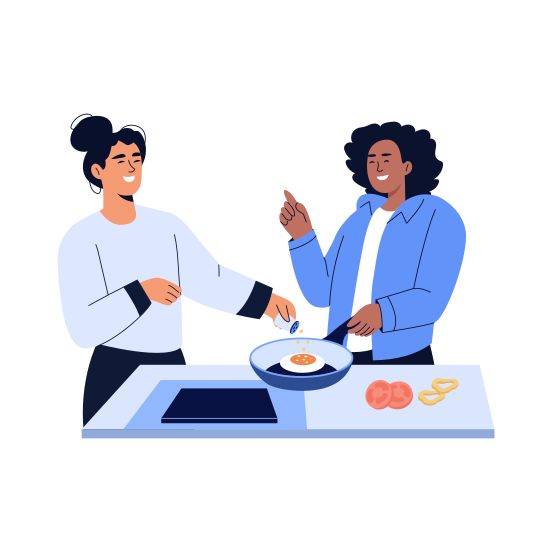 Cooking Together, Preparing, Meal, Friends, Buddies illustration
