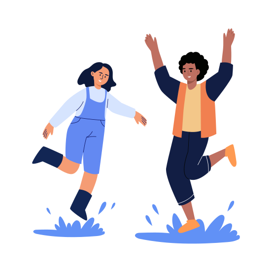 Rain Puddles, Jumping, Splashing, Happy, Friends illustration