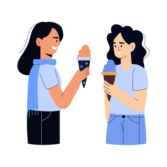 Sharing Food, Dessert, Ice Cream, Enjoying, Friends, illustration
