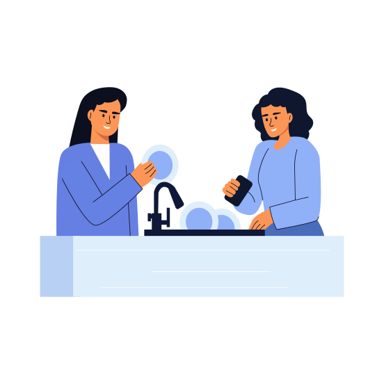 Washing Dishes, Helping, Cleaning, Friends, Buddies illustration