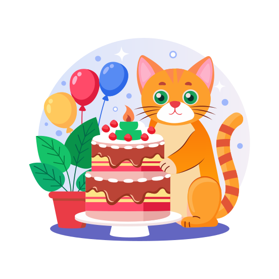 Cat Birthday, Celebration, Party, Cake, Animal illustration