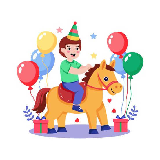 Riding Pony, Playing, Cheerful, Birthday, Party illustration
