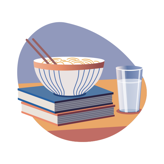 Study Break, Reading, Learning, Books, Noodles, illustration