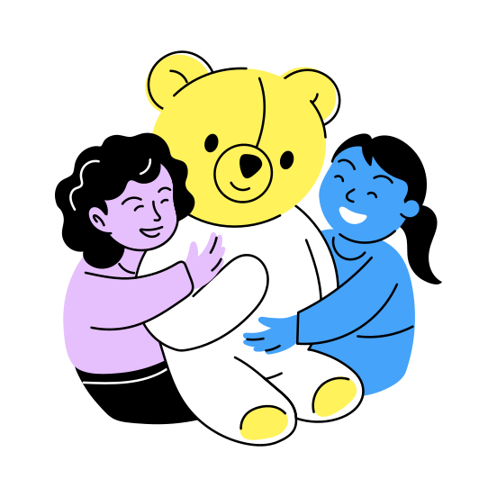 Hugging Teddy, Cuddling, Playing, Enjoying, Friends, illustration