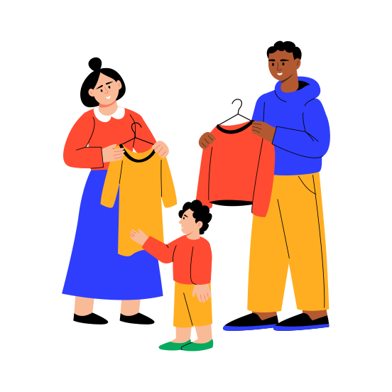 Choosing Clothes, Shopping, Apparel, Buying, Family illustration