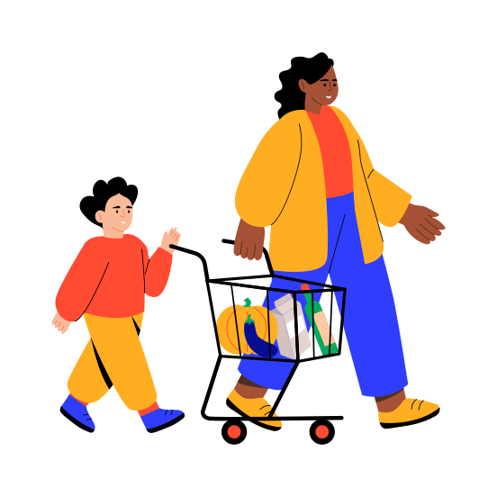 Grocery Shopping, Family, Mother Son, Purchasing, Buying illustration