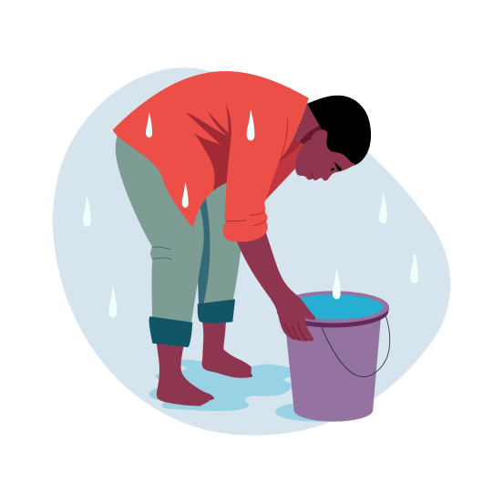 Rainwater Bucket, Reclamation, Conservation, Collecting Rainwater, Character illustration