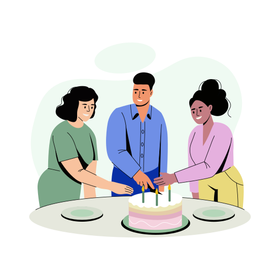 Cutting Cake, Celebration, Enjoying, Party, Friends illustration