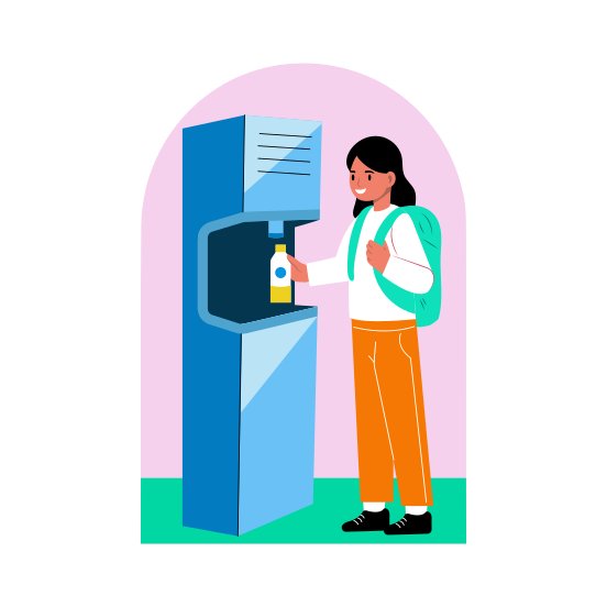 Filling Bottle, Student, Refilling, Water Bottle, Dispenser illustration