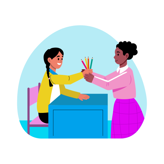 Student Sharing, Classmates, Crayons, Classroom, Friends illustration