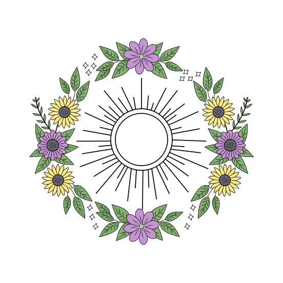 Radiant Sun, Solar, Sunlight, Morning, Floral illustration