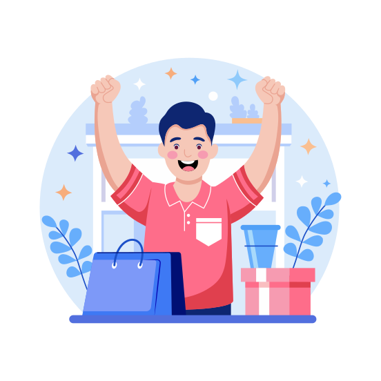 Happy Customer, Satisfied, Smiling, Cheering, Consumer, illustration