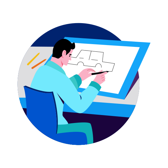 Car Sketching, Automotive Designer, Engineer, Prototype, Blueprint illustration