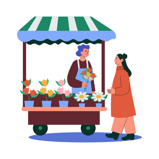Flower Vendor, Florist, Market, Selling, Stall illustration