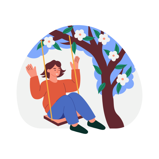 Girl Swinging, Enjoying, Leisure, Happy, Springtime, illustration