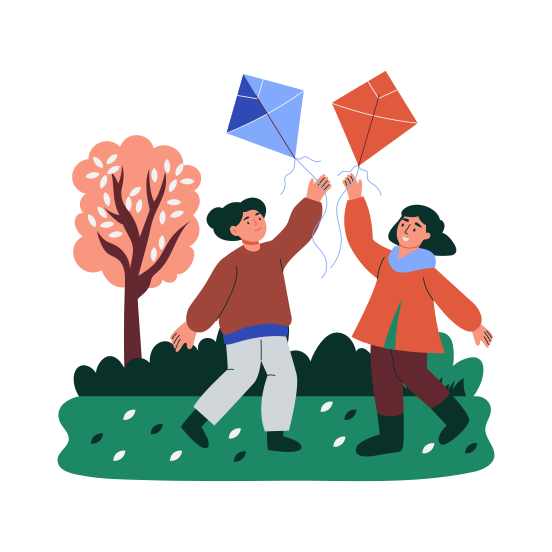 Kids Playing, Flying Kite, Leisure, Activity, Springtime illustration