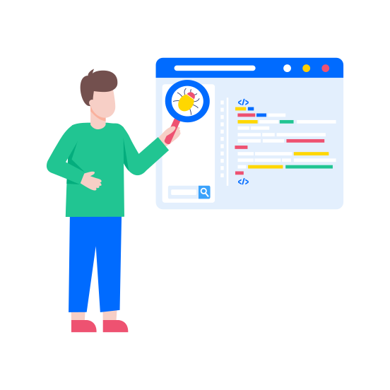 Debugging, Searching, Magnifying, Error, Interface illustration