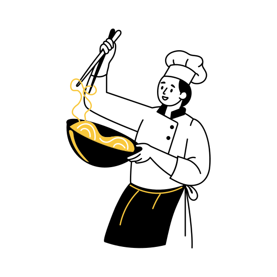 Tossing Noodles, Plating, Chef, Cook, Gastronomy illustration